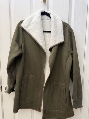 Women’s Olive Green Faux-Suede Sherpa Coat